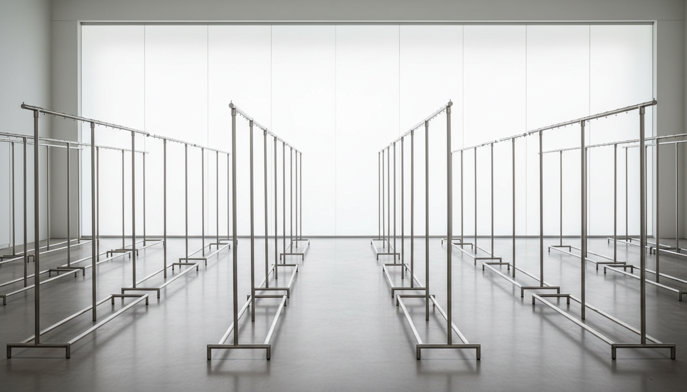 A row of neutral-toned, empty garment racks crafted from brushed stainless steel and clear acrylic, symmetrically aligned in a contemporary, structured showroom space with smooth matte flooring. The racks are arranged against a backdrop of large, frosted glass panels that softly diffuse ambient daylight, creating a serene, uncluttered setting. The lighting is evenly balanced with gentle highlights on the metal surfaces and a sense of crisp cleanliness throughout. Photographed from a wide-angle, slightly elevated view to emphasize organizational scale and corporate professionalism, the composition conveys spaciousness and confidence—perfect for a business-focused wholesale clothing provider.