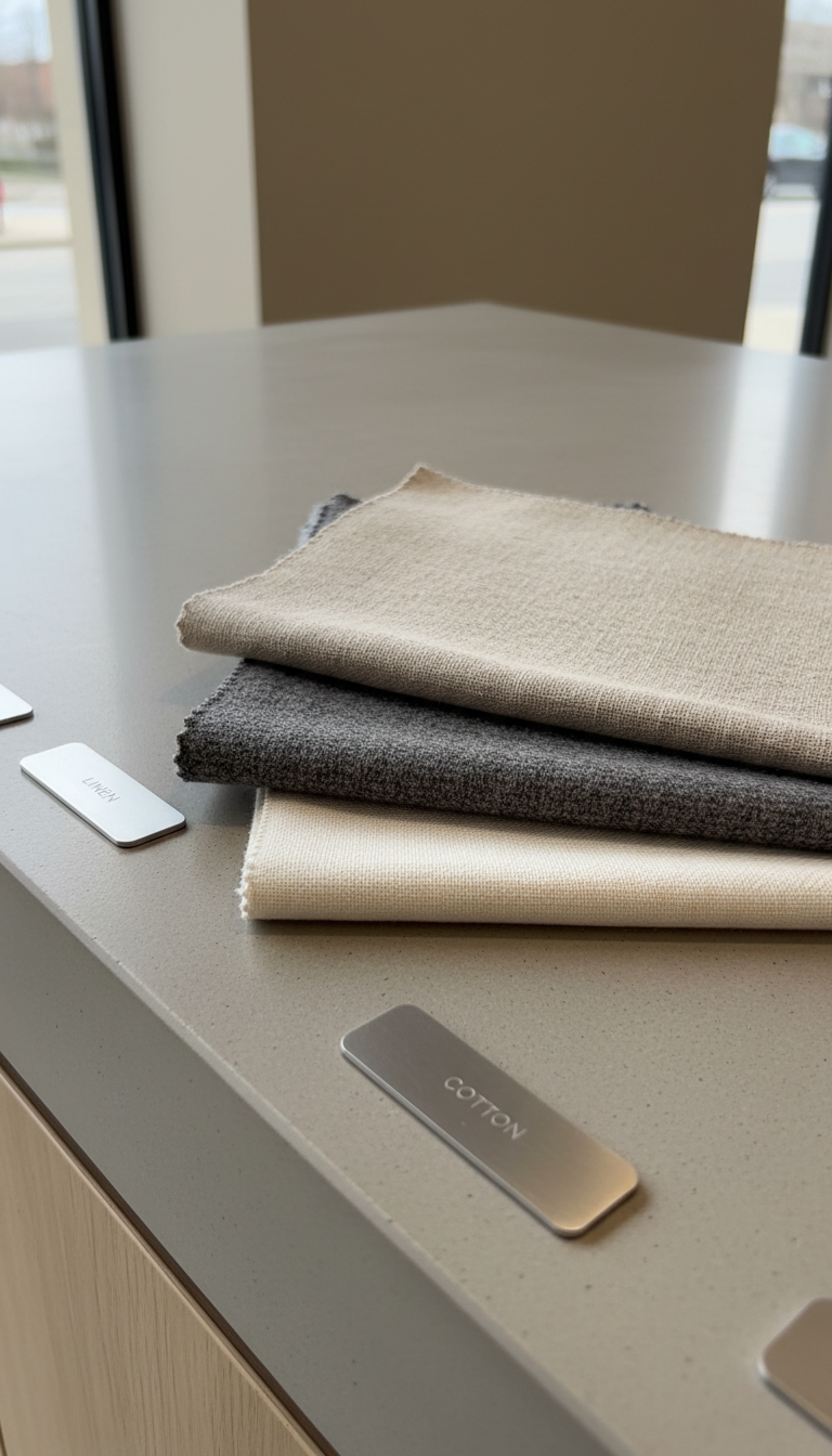 A close-up view of several richly textured fabric swatches—smooth linen, pebbled wool, and fine cotton—arranged in a fan formation on a pristine concrete countertop. Surrounding the fabrics are understated metal display tags, all rendered in cool neutral hues. The environment is a modern, minimalist showroom with clean surfaces and an uncluttered backdrop in soft taupe. Gentle, overcast natural light bathes the materials, accentuating their unique surfaces while eliminating harsh contrasts. The composition features a diagonal arrangement across the frame, utilizing rule of thirds and shallow depth of field to highlight texture detail. The overall feel is sophisticated and tactile, evoking sense of quality assurance fundamental to wholesale apparel.