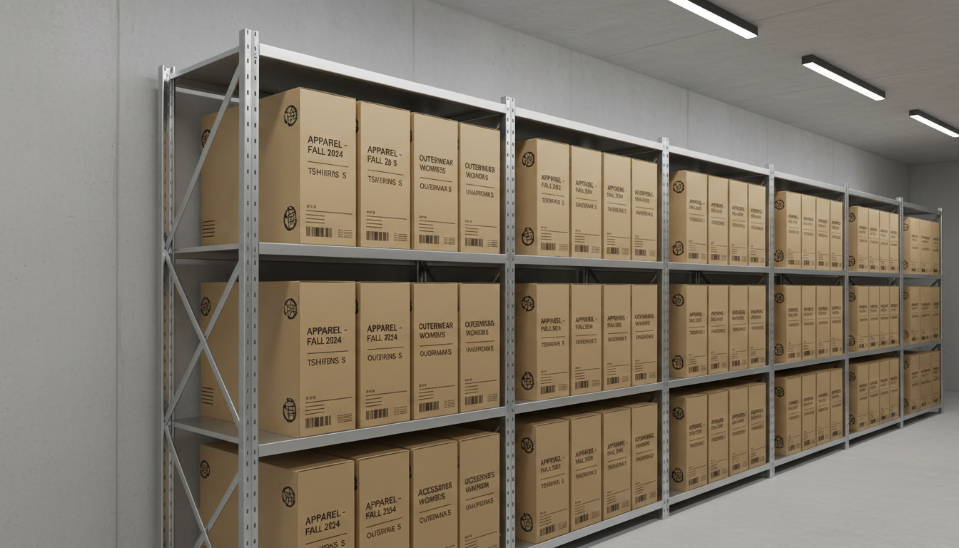 A series of neatly labeled cardboard boxes with minimalist black typography, each box sealed and stacked on industrial shelving units with a matte-silver finish. The boxes feature discreet logos and subtle, clean graphics. The shelving stands against a light concrete wall in a well-organized warehouse space, defined by strong horizontal and vertical lines. Even, cool white LED lighting creates a businesslike, neutral ambiance with minimal shadowing. Captured from a three-quarters angle, the focus remains sharp from foreground to background, reinforcing a sense of efficiency and professionalism. The visual tone is clean, structured, and highly corporate—underscoring reliable logistics in wholesale apparel distribution.